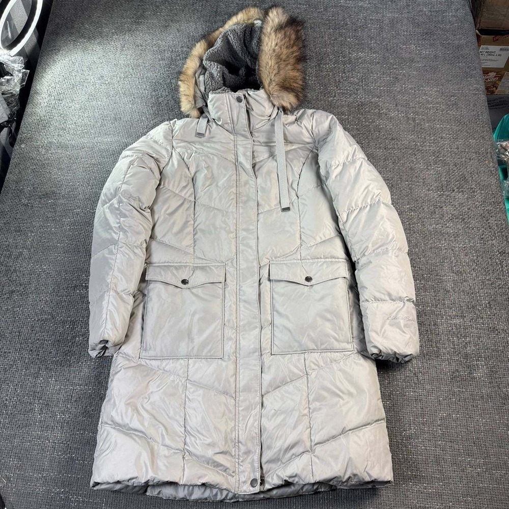 Eddie Bauer Sun Valley Down Parka Women M Gray Faux Fur Hood Puffer Coat